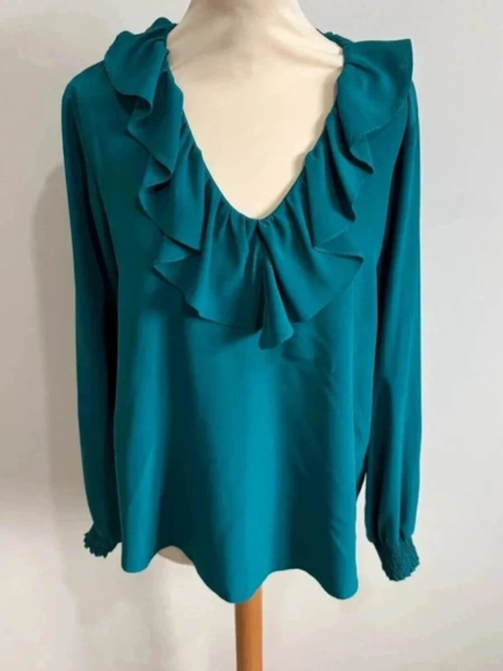 Roman ruffle neck long sleeve blouse Size 12 smart teal